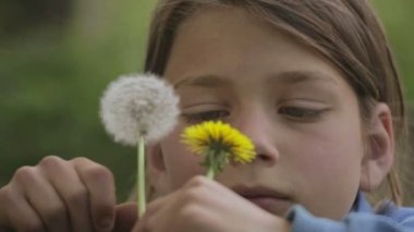 Bir çiçek karahindiba ile bir çocuk portresi. Yüz yakın çekim çocuk karahindiba ile. Duygusal bir Avrupa genç bir çiçek karahindiba ile portresi.