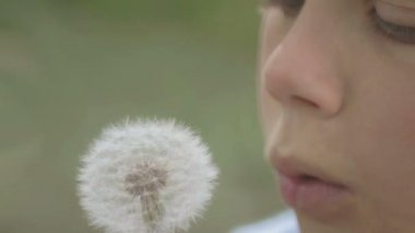 Bir çiçek karahindiba ile bir çocuk portresi. Yüz yakın çekim çocuk karahindiba ile. Duygusal bir Avrupa genç bir çiçek karahindiba ile portresi.