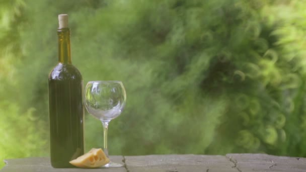 El vino tinto se vierte en una copa. Composición con una botella de vino y una copa. Bodega, producción de vino . — Vídeo de stock