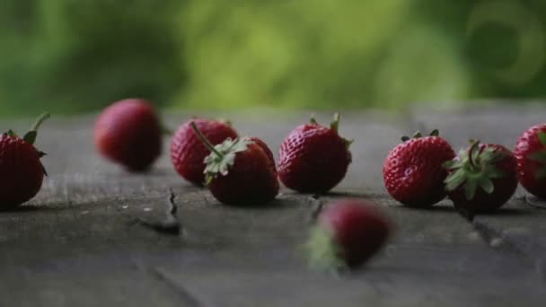 Fresas frescas cayendo sobre la mesa. Fruta de fresa roja extendida sobre la mesa . — Vídeos de Stock