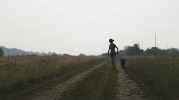 Jovem com cão na natureza. Uma rapariga a passear um terrier num campo. Caminhando com um cão no campo . — Vídeo de Stock