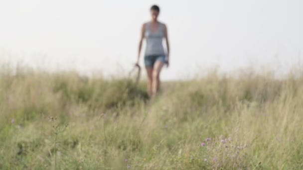 自然の中で犬と若い女性。フィールドのテリアを歩く少女。田舎で犬を連れて歩いてください。. — ストック動画