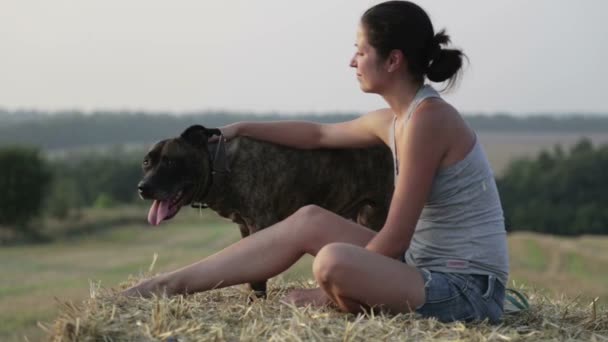 Uma jovem com um cão na manjedoura. Retrato de uma rapariga num campo com um terrier. Pessoas, Natureza, Animais de estimação , — Vídeo de Stock