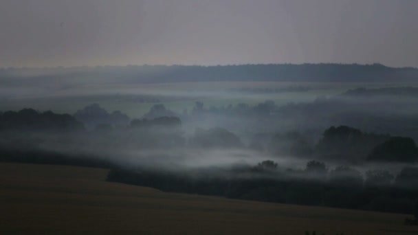 Pohled na pole v mlhy a kouře. Venkovská krajina, mohl nad poli. — Stock video