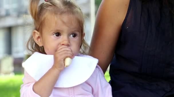 Jeune belle mère nourrit l'enfant dans le parc.Jeune mère avec bébé déjeuner sur la pelouse. Maman nourrit la petite fille dans le parc.L'enfant dans le parc à côté de ma mère mange une banane . — Video