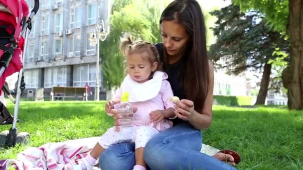 Jonge mooie moeder voedt het kind in de park.young moeder met baby lunch op de feeds van de grass.mom die het kleine meisje in het park.the kind in het park naast mijn moeder eet een banaan. — Stockvideo