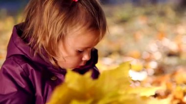 Sonbahar parkta oynayan küçük çocuk. Sarı ile oynayan bebek bırakır. Sonbahar park açık havada, küçük kız. Sonbahar Park bebek portresi.