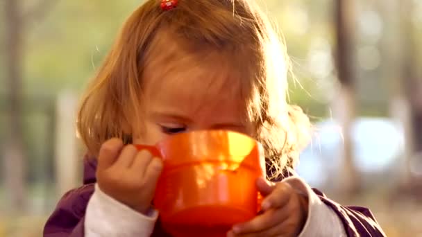 A criança bebe chá no parque de Outono.Uma criança pequena está bebendo chá na natureza.A menina bebe chá com canecas emocionais.Piquenique de outono. Emoções criança close-up . — Vídeo de Stock