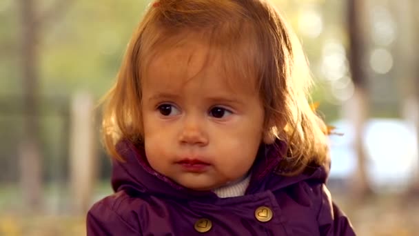 秋の公園で遊ぶ小さい子。黄色で遊んで赤ちゃんを残します。秋の公園で野外少女。秋の公園で赤ちゃんの肖像画. — ストック動画