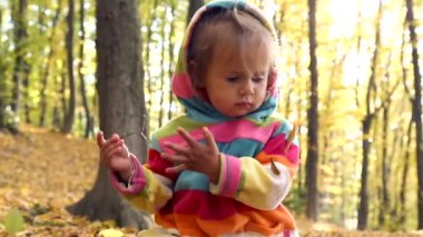 Sonbahar parkta oynayan küçük çocuk. Sarı ile oynayan bebek bırakır. Sonbahar park açık havada, küçük kız. Sonbahar Park bebek portresi.