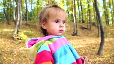 Çocuk fotoğraf makinesine benziyor. Kamera gülümseyen küçük kız. Küçük bir çocuk el ile objektif dokunur. Çocuk çeker ellerini yakın çekim.