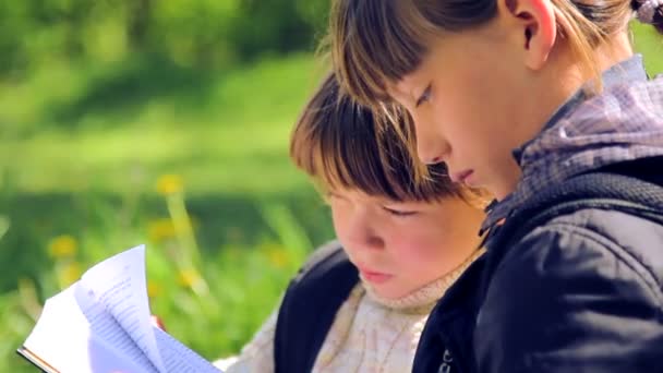 Два деревенских мальчика читают книгу о природе. Дети читают книгу вместе. Старший брат учит детей читать. . — стоковое видео