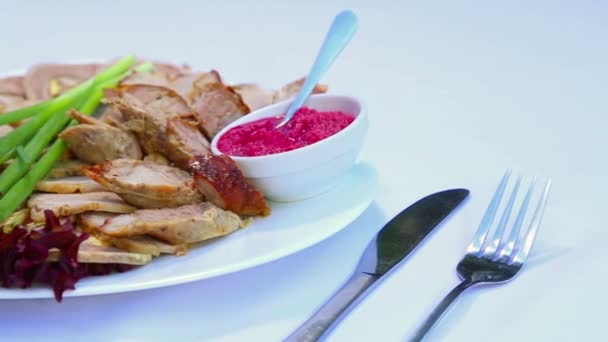 Meat dishes of different preparations.A variety of meat dishes in the culinary arts.Hot and cold meat dishes.The refinement of the art of cooking. — Stock Video