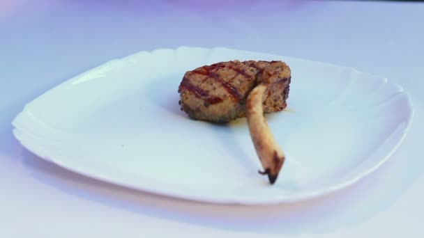 Köttet tillagas på brand grillen. Shish kebab och lamm revben server före servering. Fräsch maträtt av kött. — Stockvideo