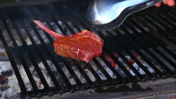 신선한 양고기 갈비, 숯불 구이. 고기 석쇠에 요리는. 화재에 양고기를 요리 하는 과정입니다. 음식, 그릴, 고기. — 비디오