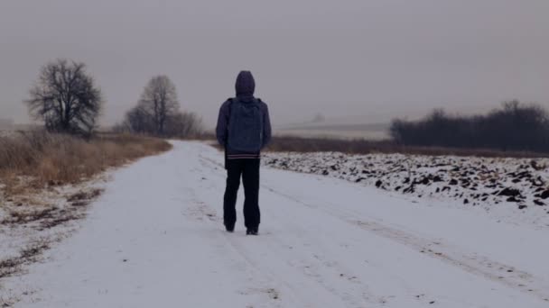 Adolescent garçon caucasien voyageant en hiver. L'enfant prend une route d'hiver à travers les champs. Adolescent déterminé surmonte la manière dure . — Video