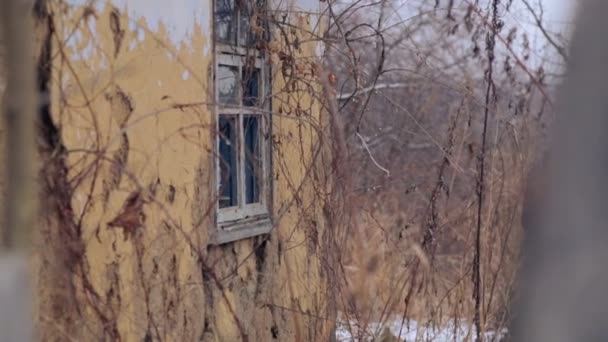 Garçon caucasien près du bâtiment de l'école du village. Un enfant marche et grimpe près de la vieille maison. Pays garçon adolescent . — Video