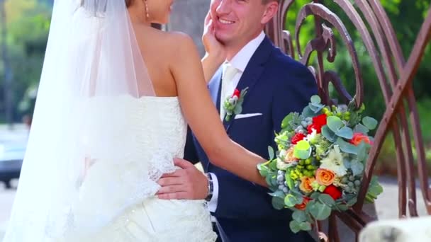 Novia y novio caucásicos el día de la boda. Solo casado, caminando en la naturaleza del día de la boda. Amantes, pareja de novias jóvenes. Pareja joven disfrutando unos de otros. Vacaciones, bodas, felicidad . — Vídeo de stock