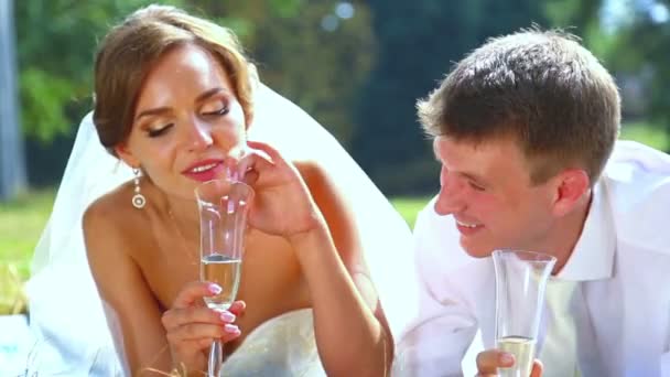 Sposi caucasici il giorno del matrimonio bevono champagne.Young coppia bere champagne in natura. Amanti, giovani sposi. Una giovane coppia che si diverte. Vacanza, matrimonio, felicità . — Video Stock