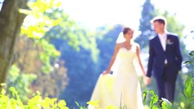 Beyaz gelin ve Damat Düğün gününde. Sadece evli, düğün günü doğa üzerinde yürüme. Sevgili genç gelin çift. Genç çift birbirlerine zevk. Tatil, düğün, mutluluk.