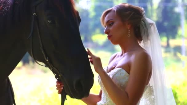 Ritratto della sposa con un cavallo. Sposa caucasica con cavallo. Sposa nel giorno del matrimonio passeggiata con un cavallo. Vacanza, matrimonio, felicità . — Video Stock