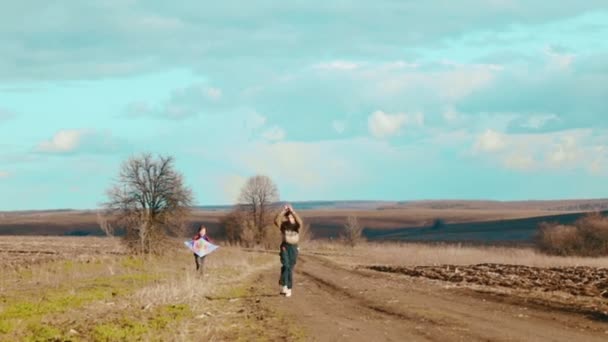 Chicos caucásicos volando una cometa. Niños jugando en la naturaleza con una cometa. Dos hermanos manejan una cometa . — Vídeo de stock