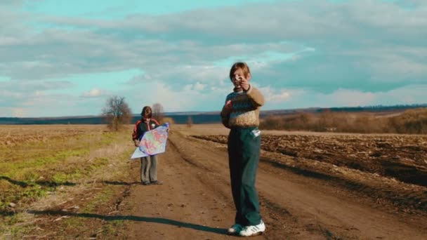 Chicos caucásicos volando una cometa. Niños jugando en la naturaleza con una cometa. Dos hermanos manejan una cometa . — Vídeos de Stock