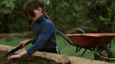 Beyaz çocuk bahçesinde bir yatakta. Çocuk bahar dikim yapmaktadır. Çocuk genç doğa yatağın yanında. Çocuk onun hands.Organic tarım bir fide ile.