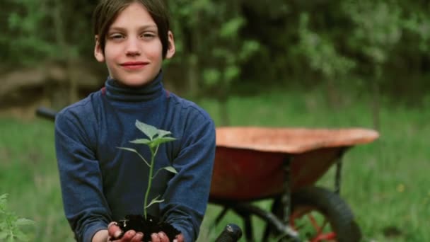 Kaukasiska pojke på en säng i trädgården. Barnet är engagerad i vårens plantering. Pojke tonåring i naturen nära sängen. Pojke med en fröplanta i hennes hands.Organic jordbruk. — Stockvideo