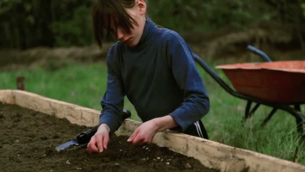 Кавказский мальчик на кровати в саду. Ребенок занимается весенней посадкой. Мальчик-подросток на природе рядом с кроватью. Мальчик с саженцем в руках. Органическое земледелие. . — стоковое видео
