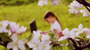 Bir dizüstü bilgisayar ile parkta beyaz çocuk. Doğa üzerinde bir dizüstü bilgisayar ile bir çocuk. Ülke çocuk genç dizüstü bilgisayar ile.