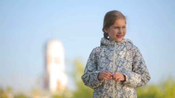 Een kind in een veld op het platteland. Portret van een meisje close-up. — Stockvideo