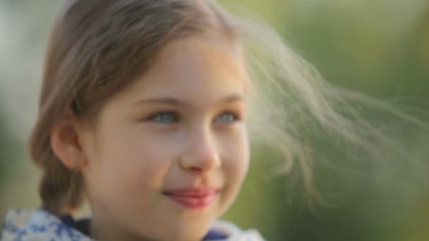 Een kind in een veld op het platteland. Portret van een meisje close-up. — Stockvideo