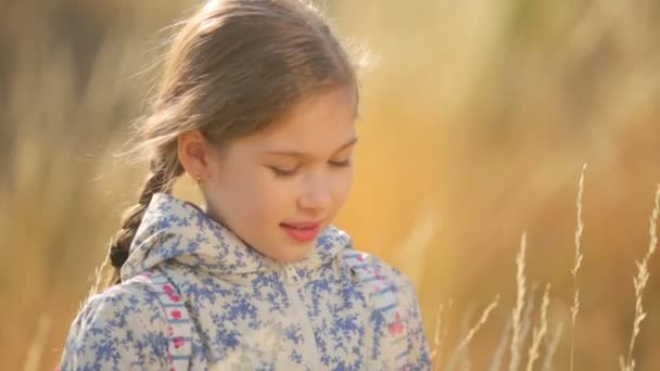 Een kind in een veld op het platteland. Portret van een meisje close-up. — Stockvideo