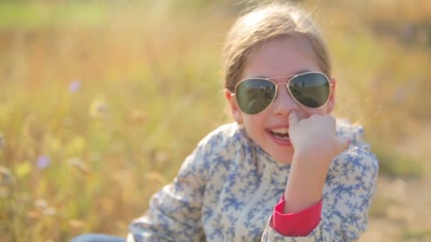 A child in a field in the countryside. Portrait of a girl close up. — Stock Video