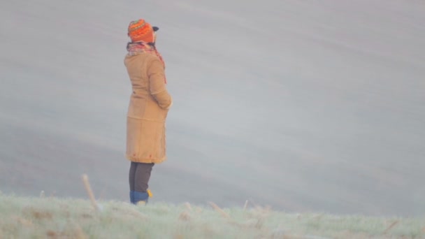Junges Mädchen auf dem gefrorenen Feld. junge Frau in warmer Kleidung auf einem Feld. junge Frau bei Sonnenaufgang auf dem Feld. — Stockvideo