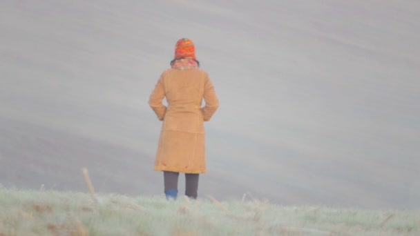 Junges Mädchen auf dem gefrorenen Feld. junge Frau in warmer Kleidung auf einem Feld. junge Frau bei Sonnenaufgang auf dem Feld. — Stockvideo