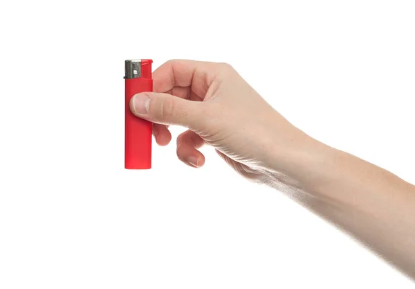 Beyaz sırtüstü izole edilmiş erkek eliyle kırmızı ışık