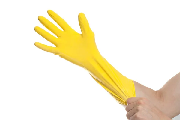 Ręka Żółtym Lateks Rękawica Czyszczenia Izolowane Białym Tle — Zdjęcie stockowe