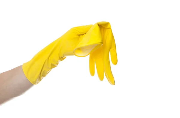 白衬底上清洗用的黄色橡胶手套 车间衬里用 — 图库照片
