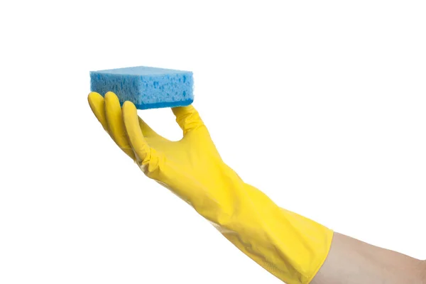 Hand Yellow Rubber Glove Holds Washing Sponge Isolated White Background — Stock Photo, Image