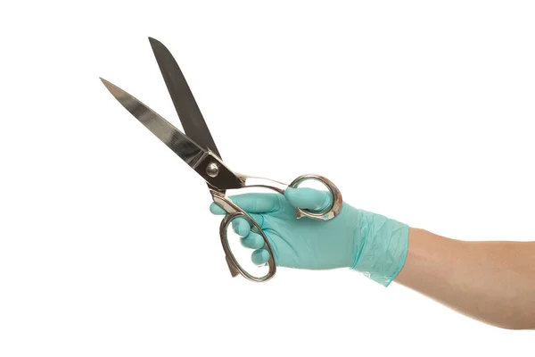 Рука Доктора Перчатке Серебряными Ножницами Белом Фоне — стоковое фото