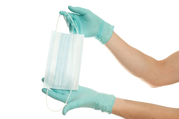 Close Doctor Hand Blue Gloves Medical Face Mask Protection Infection — Stock Photo, Image