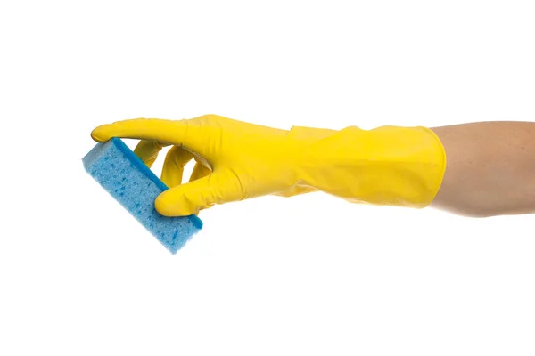Ένα Χέρι Ένα Κίτρινο Λαστιχένιο Γάντι Κρατά Ένα Σφουγγάρι Πλυσίματος — Φωτογραφία Αρχείου