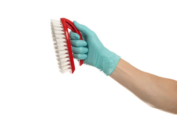 Hand Yellow Glove Red Cleaning Brush White Background Home Cleaning — Stock Photo, Image