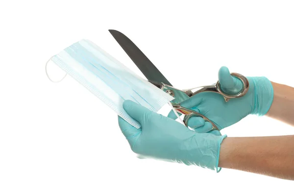 Medical Mask Hands Blue Disposable Blue Medical Glove Cut Scissors — Stock Photo, Image