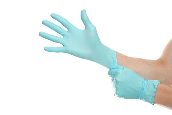 Руки Доктора Синих Хирургических Перчатках Изолированы Белом Фоне Защитное Снаряжение — стоковое фото