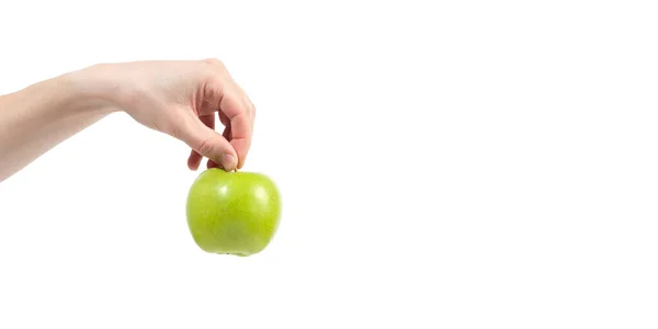 배경에 맛있는 사과를 손으로익 힙니다 식습관과 다이어트 자유롭게 문자를 수있는 — 스톡 사진