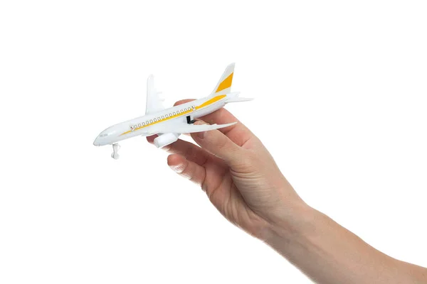 Mão Segurando Modelo Brinquedo Avião Isolado Backgroun Branco — Fotografia de Stock