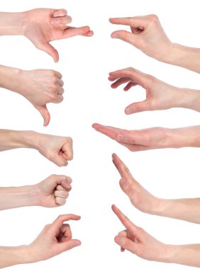 Erkek el hareketleri beyaz arkaplan üzerinde izole, birden fazla görüntü seti. Beyaz arka planda izole edilmiş beyaz erkek beyaz el hareketleri.